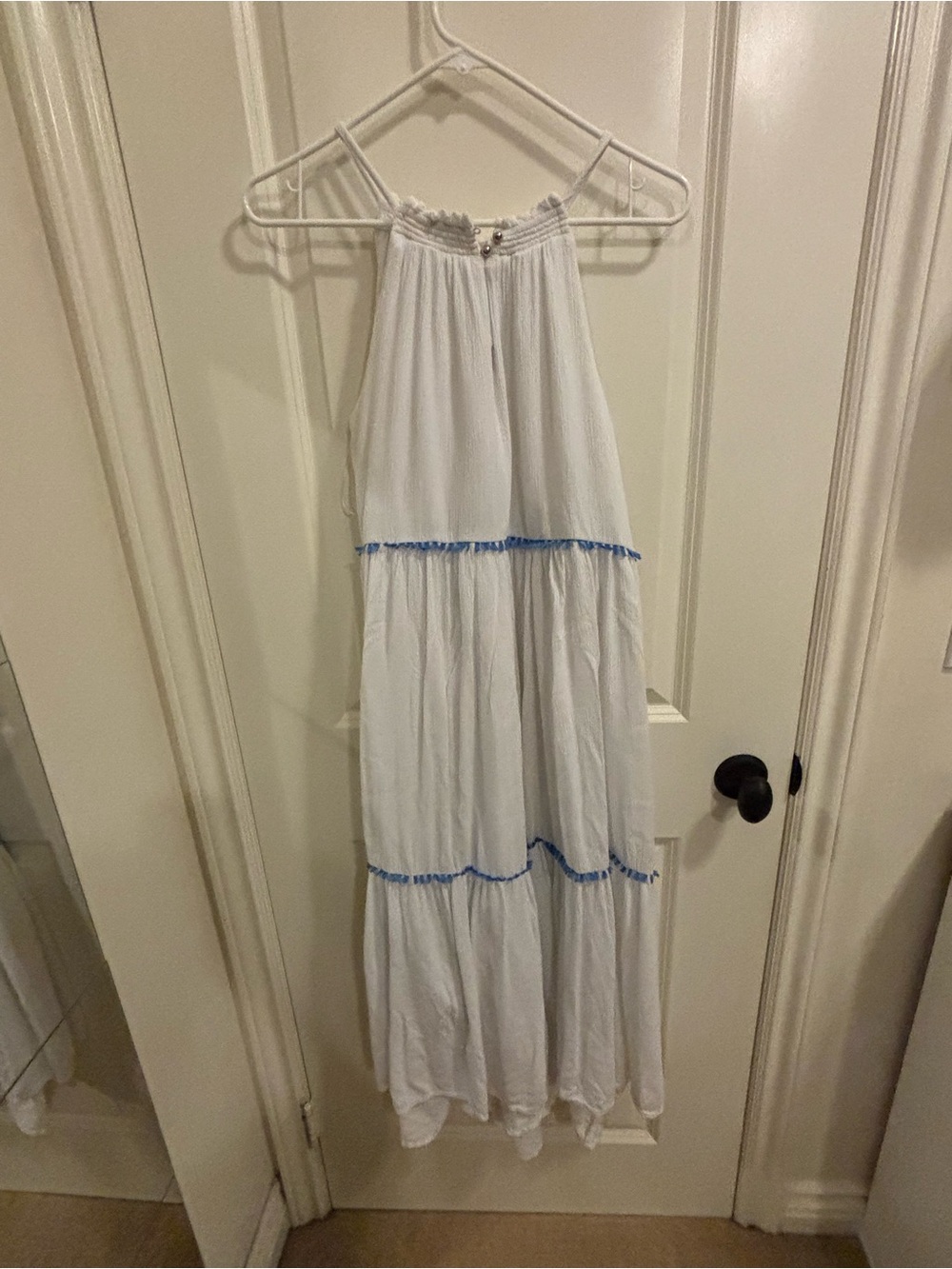 Rachel Zoe tiered Maxi Dress Sz 4 White Blue Fringe Tiered Boho Resort Vacation